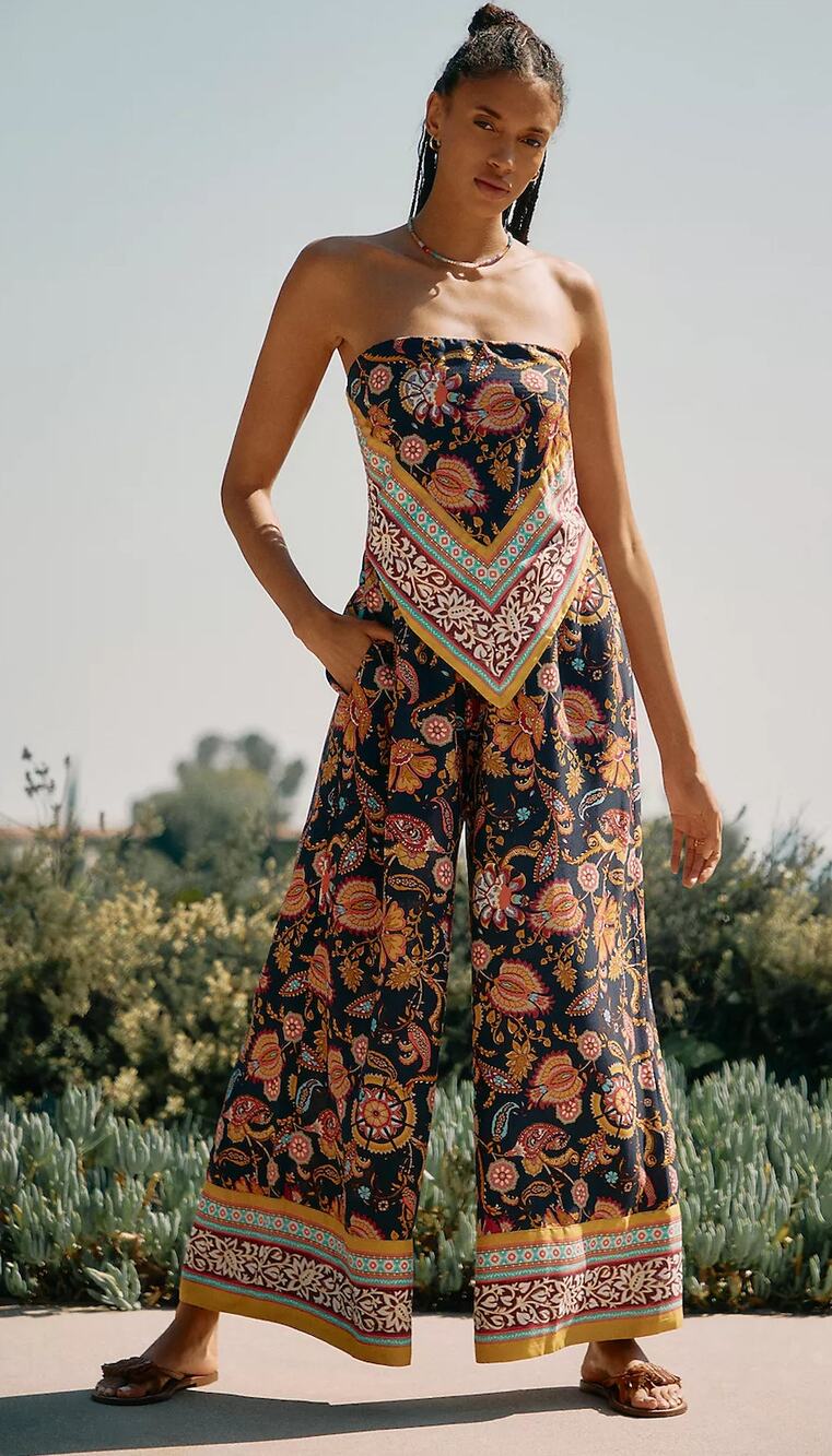 Anthropologie Scarf Print Floral Strapless Wide Leg Jumpsuit sz XS